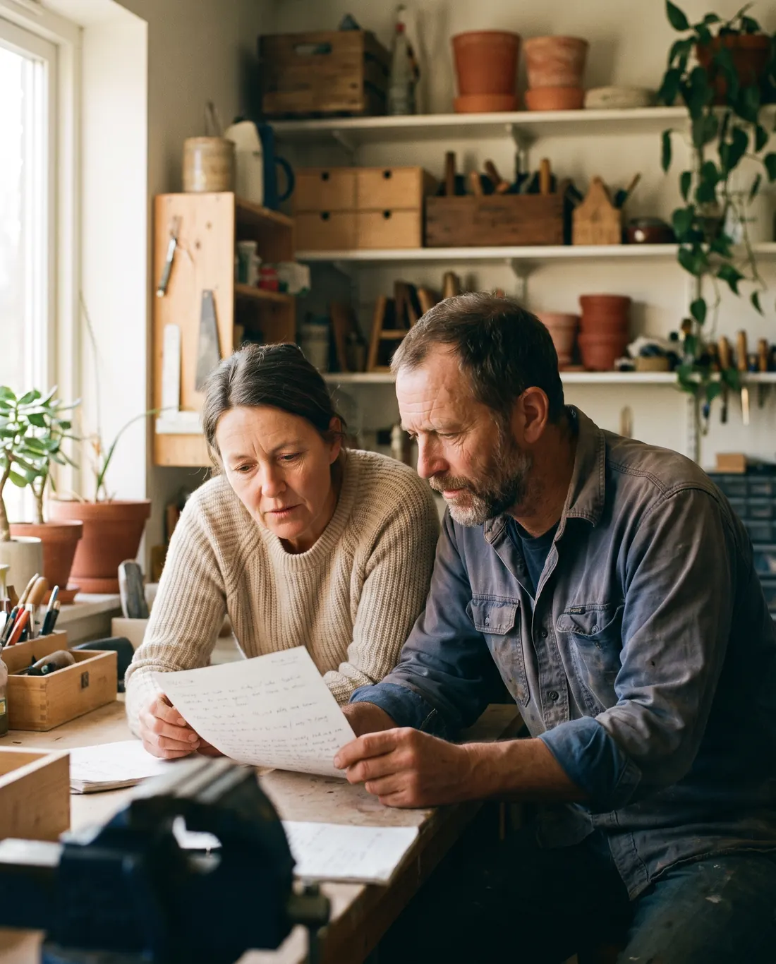 Two small business owners reviewing a page together in their workshop