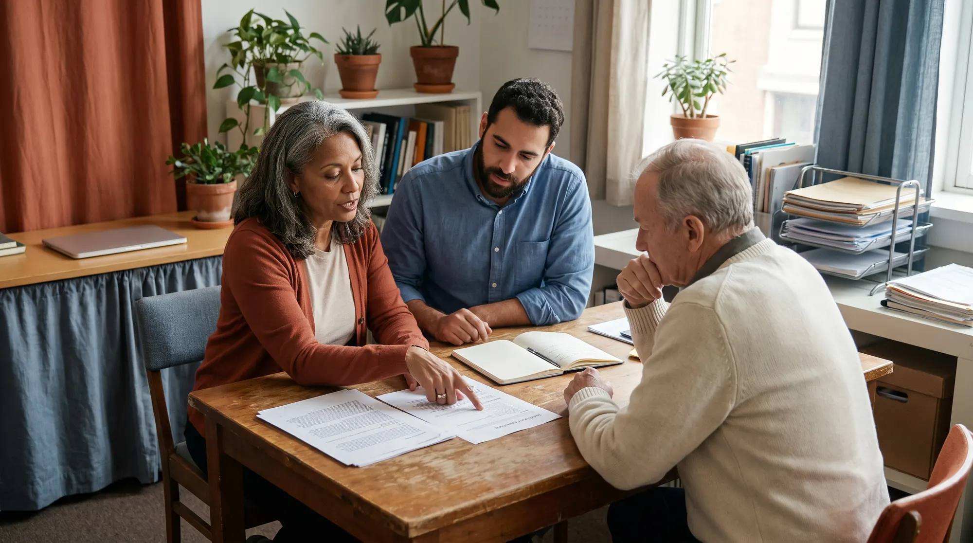 A small team reviewing printed pages together at a table